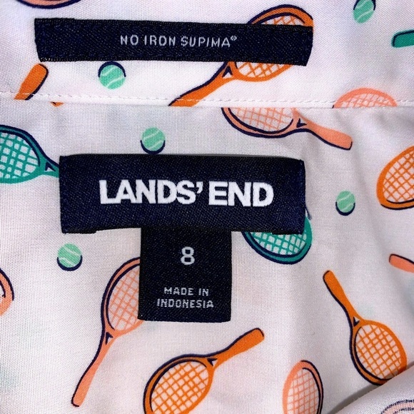 Lands end size 8 no iron supima button down sleeveless blouse tennis rackets - Picture 4 of 10
